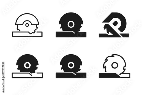 Cutting Machines Icons. Cutting machines. Icon set. Set Logo of cutting machines: mechanical cutter with safety guard and lever. harmonious logo variations of