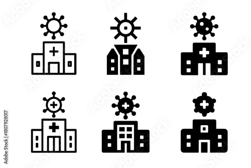 Disease Outbreak Icons. Disease outbreaks. Icon set. Set Logo of Disease outbreaks: Virus particle. harmonious logo variations of the same emblematic concept,