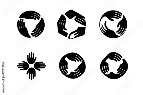 Community Unity Logos. Community unity. Icon set. Set Logo of Community Unity: interconnected hands forming a circle. harmonious logo variations of the same