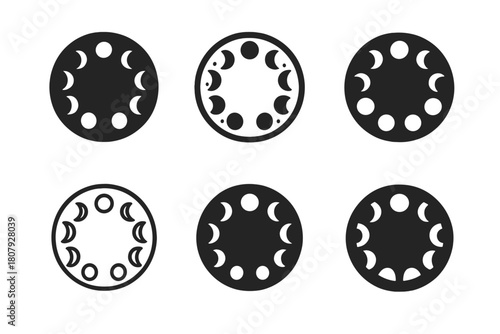 Moon Phase Icons. Moon phases. Icon set. Set Logo of moon phases: crescent-to-full sequence along a curved path. harmonious logo variations of the same