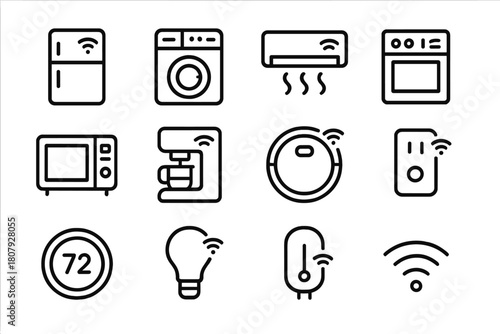 Smart Home Icon Set. Home automation. Line icon set of home automation: smartphone, Wi-Fi, thermostat, lamp, light bulb, outlet, remote control, gear, plug,