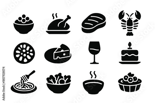 Exquisite Dining Icons. Exquisite Dining. Solid icon set of Exquisite Dining: caviar, roasted turkey, steak, lobster, truffle, cheese platter, wine glass,