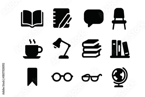 Book Club Icons. Book Club. Line icon set of Book Club: open book, coffee cup, group of people, chat bubble, reading glasses, bookshelf, bookmark, calendar,