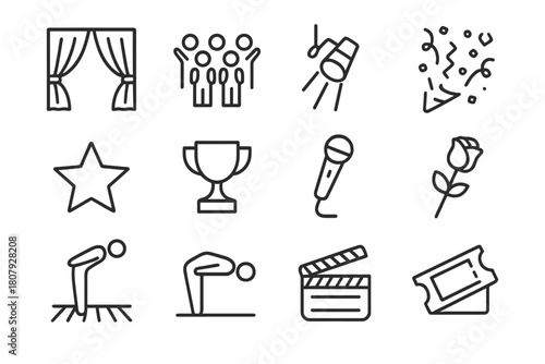 Performance Finale Icons. Performance finale. Line icon set of performance finale: curtain close, standing ovation, spotlight, confetti, star,