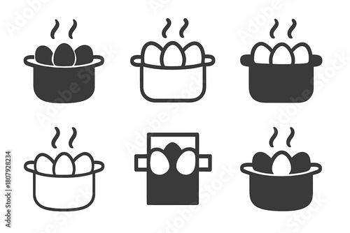 Boiled Eggs Icons. Boiled eggs. Icon set. Set Logo of Boiled eggs: Eggs in boiling pot. harmonious logo variations of the same emblematic concept, each with