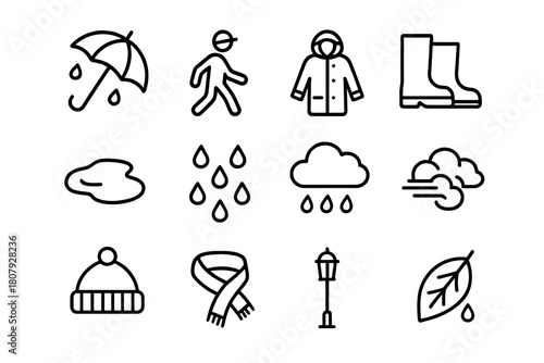 Rainy Icon Set. Rainy stroll. Line icon set of Rainy stroll: umbrella, person walking, raincoat, boots, puddle, raindrops, cloud, wind, hat, scarf, street