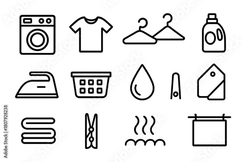 Laundry Care Icons. Laundry care. Line icon set of laundry care: washing machine, detergent bottle, towel, water droplet, laundry basket, hanger, iron, drying