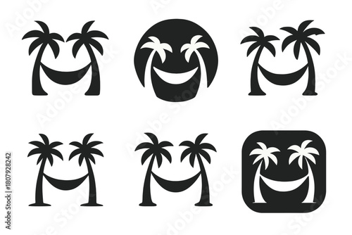 Digital Nomad Icons. Digital nomad lifestyle and travel work. Icon set. Set Logo of Digital nomad lifestyle and travel work: Airplane with laptop. harmonious