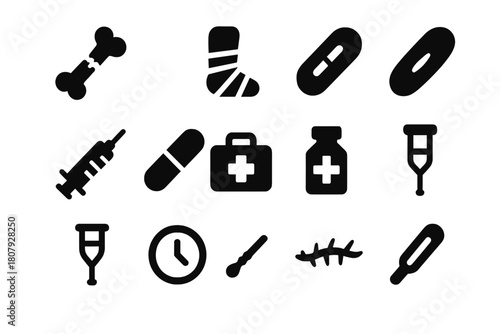 Medical Recovery Icons. Medical recovery. Solid icon set of Medical recovery: broken bone, cast, bandage, wound, syringe, pill, first aid kit, medicine bottle,