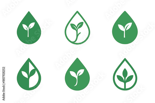 Eco Cleaning Icons. Using Eco-Friendly Cleaning Products. Icon set. Set Logo of Eco Cleaning: spray bottle with leaf symbol. harmonious logo variations of the