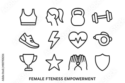Empowering Fitness Icons. Female fitness empowerment. Line icon set of female fitness empowerment: sports bra, ponytail silhouette, kettlebell, dumbbell,