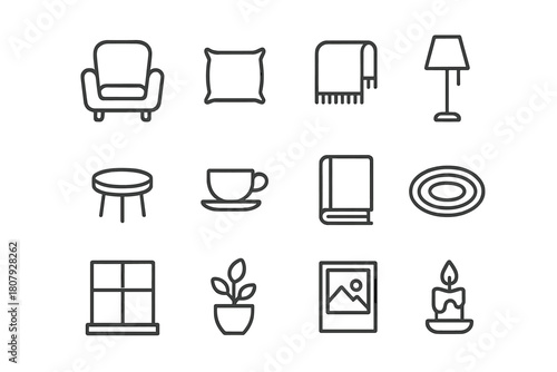 Minimalist Relaxation Icons. Relaxation corner. Line icon set of relaxation corner: armchair, cushion, blanket, floor lamp, small table, teacup, book, rug,