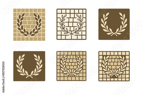 Mosaic Emblem Variations. Historical artwork. Icon set. Set Logo of historical artwork: mosaic tile pattern with laurel wreath. harmonious logo variations of