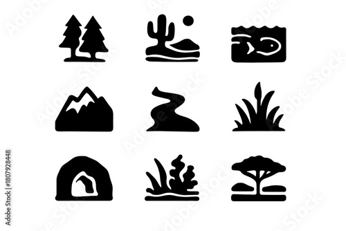 Natural Habitats Icons. Natural Habitats. Solid icon set of Natural Habitats: forest, desert, ocean, mountain, river, wetland, cave, grassland, coral reef,