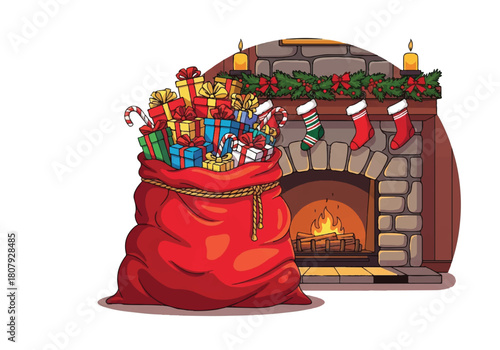 A large red Christmas stocking filled with gifts sits beside a cozy fireplace with stockings and garland
