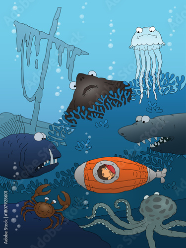 Cartoon Illustration of a Little Boy watching undersea world from his Submarine surrounded by various  fishes and underwater animals: shark, octopus, stingray, crab, jellyfish.