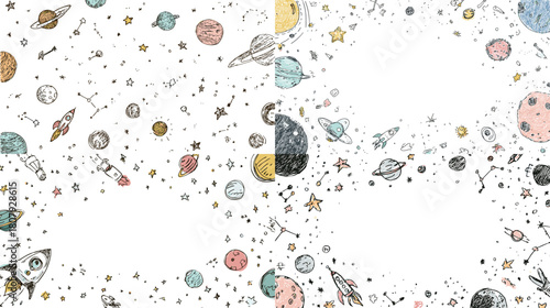 Playful space themed corner illustrations featuring planets rockets stars and cosmic elements on a clean background. Great for kids designs posters science themes and creative layouts.