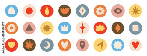 Vector highlight covers, abstract backgrounds, minimalist social media story icons, hand drawn round shapes, bloggers, pastel cartoon