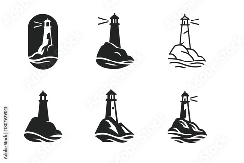 Lighthouse Logo Variations. Bright light in dark. Icon set. Set Logo of bright light in dark: lighthouse beacon. harmonious logo variations of the same