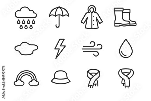 Rainy Weather Icons. Rainy weather. Line icon set of Rainy weather: cloud, raindrops, umbrella, raincoat, boots, puddle, lightning, wind, water droplet,