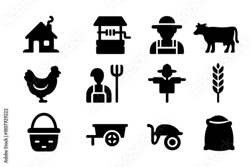 Village Life Icons. Village Life. Solid icon set of Village Life: cottage, well, chicken, cow, farmer, basket, pitchfork, scarecrow, wheat, barn, cart, sack of