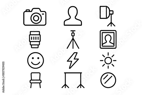 Portrait Icon Set. Portrait photography. Line icon set of portrait photography: camera, person silhouette, softbox, lens, tripod, frame, smile, flash, light