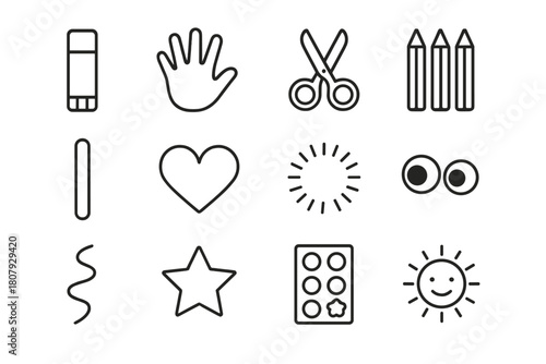 Kids Craft Icons. Kids craft time. Line icon set of kids craft time: glue stick, child handprint, safety scissors, colored pencils, popsicle stick, paper