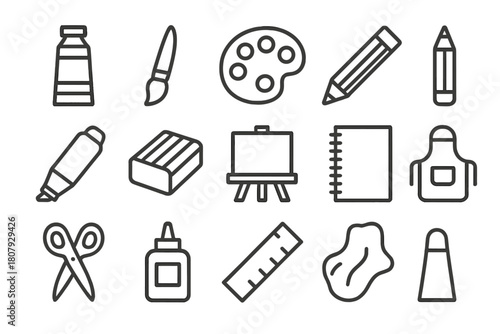 Art Supply Icons. Art supplies. Line icon set of art supplies: paint tube, brush, palette, pencil, marker, clay, canvas, sketchbook, scissors, glue, ruler,