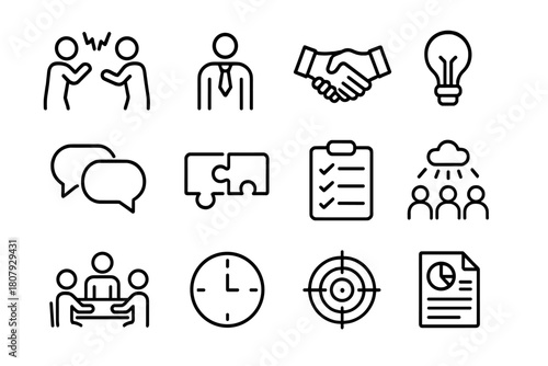 Workplace Conflict Icons. Managing workplace conflict and problem-solving. Line icon set of Managing workplace conflict and problem-solving: two people