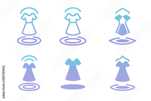 Augmented Reality Fashion Icons. Augmented reality fashion. Icon set. Set Logo of augmented reality fashion: smart glasses projecting virtual clothing.