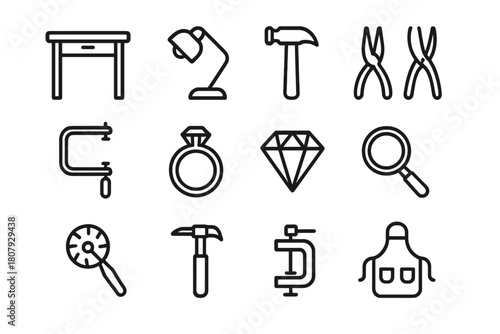 Jewelry Workshop Icons. Jewelry Workshop. Line icon set of Jewelry Workshop: workbench, lamp, hammer, pliers, saw, ring, gemstone, magnifying glass, polishing