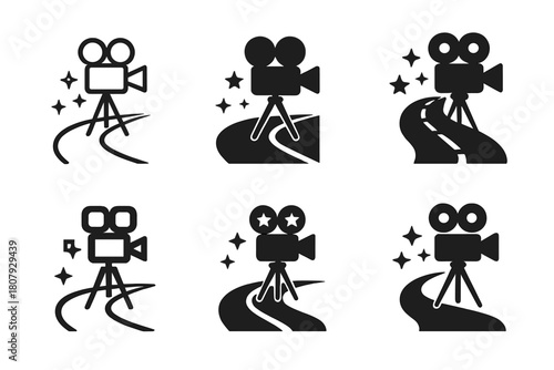 Hollywood Boulevard Emblems. Hollywood Boulevard. Icon set. Set Logo of Hollywood Boulevard: vintage film camera on tripod along boulevard. harmonious logo