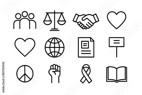 Social Equality Icons. Social equality. Line icon set of social equality: people group, scales, handshake, megaphone, heart, globe, document, protest sign,