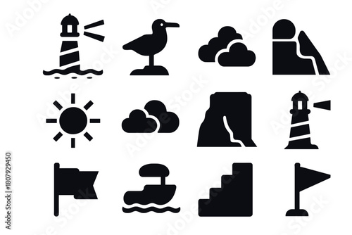 Ocean Safety Icons. Ocean Safety. Solid icon set of Ocean Safety: lighthouse tower, light beam, waves, rocky coast, seagull, boat, sun, clouds, cliff, beacon,