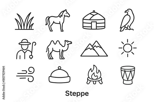 Steppe Icons Collection. Steppe. Line icon set of Steppe: grass field, horse, yurt, eagle, shepherd, camel, mountain, sun, wind, traditional hat, fire pit,