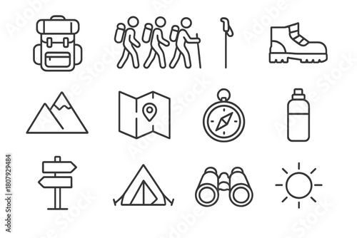 Backpacking Icon Set. Backpacking. Line icon set of backpacking: backpack, map, compass, hiking boots, tent, campfire, sleeping bag, water bottle, camera,