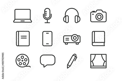 Modern Storytelling Icons. Modern storytelling. Line icon set of modern storytelling: laptop, microphone, headphones, camera, notebook, smartphone, projector,