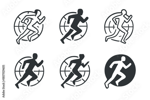 Athlete Analytics Logos. Athlete analytics. Set Logo of Athlete analytics: runner figure over radar chart. harmonious logo variations of the same emblematic