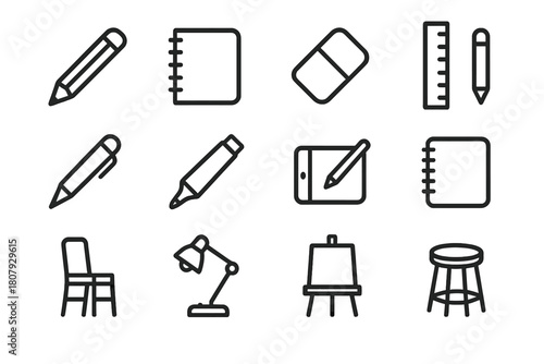 Drawing Tools Icon Set. Drawing sessions. Line icon set of drawing sessions: pencil, sketchbook, eraser, ruler, pen, marker, tablet, notebook, chair, lamp,