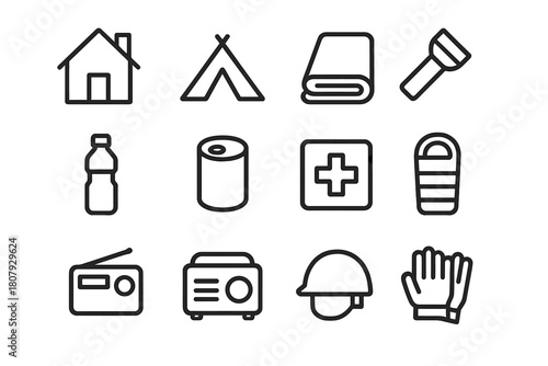 Essential Survival Icons. Shelter and safety. Line icon set of shelter and safety: house, tent, blanket, flashlight, water bottle, canned food, first aid