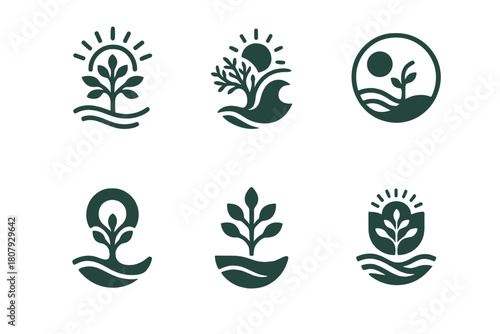 Nature's Power Icons. The power of nature to inspire creativity and calmness. Icon set. Set Logo of nature?s power: abstract balance of tree, sun, and wave.