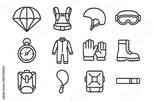 Parachuting Gear Icons. Parachuting training. Line icon set of parachuting training: harness adjustment, helmet, jumpsuit, parachute, altimeter, ripcord,