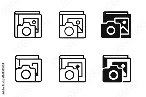 Family Album Icons. Creating family photo albums and scrapbooks. Icon set. Set Logo of creating family photo albums and scrapbooks: open photo album with