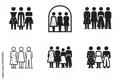 Fashion Diversity Icons. Diversity in fashion. Icon set. Set Logo of diversity in fashion: mannequin figures of various shapes and patterns. harmonious logo