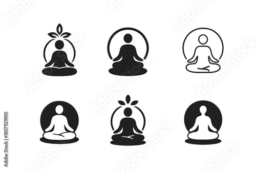 Spiritual Icon Set. Spiritual Cloud Surfing. Solid icon set of Spiritual Cloud Surfing: meditation pose, light aura, rising spirit, infinity symbol, halo ring,