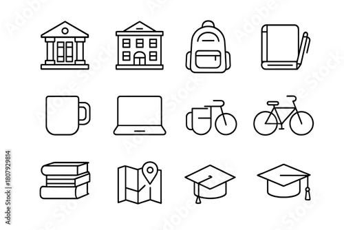 Campus Life Icons. Campus life. Line icon set of campus life: library, dorm building, backpack, notebook, pen, coffee mug, laptop, student ID, bicycle, books,