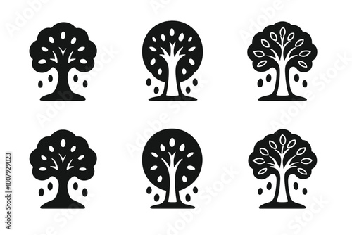 Wish-Granting Tree Icons. A magical tree that grants wishes in an ancient forest. Icon set. Set Logo of Wish Leaves: Falling enchanted leaves. Negative space,
