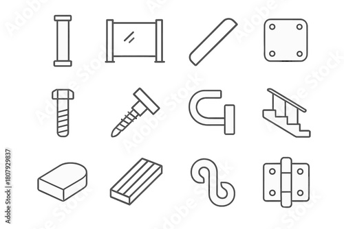 Deck Railing Icons. Deck railing. Line icon set of deck railing: post, glass panel, handrail, base plate, bolt, screw, wall bracket, stair, end cap, deck