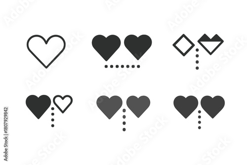 Distance Heart Icons. Distance in relationship. Icon set. Set Logo of distance in relationship: two hearts separated by a dotted line. harmonious