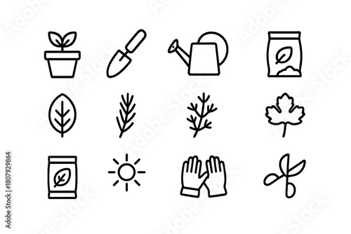 Herb Gardening Icons. Planting Herbs for Cooking. Line icon set of Planting Herbs for Cooking: herb pot, trowel, watering can, soil bag, basil leaf, rosemary